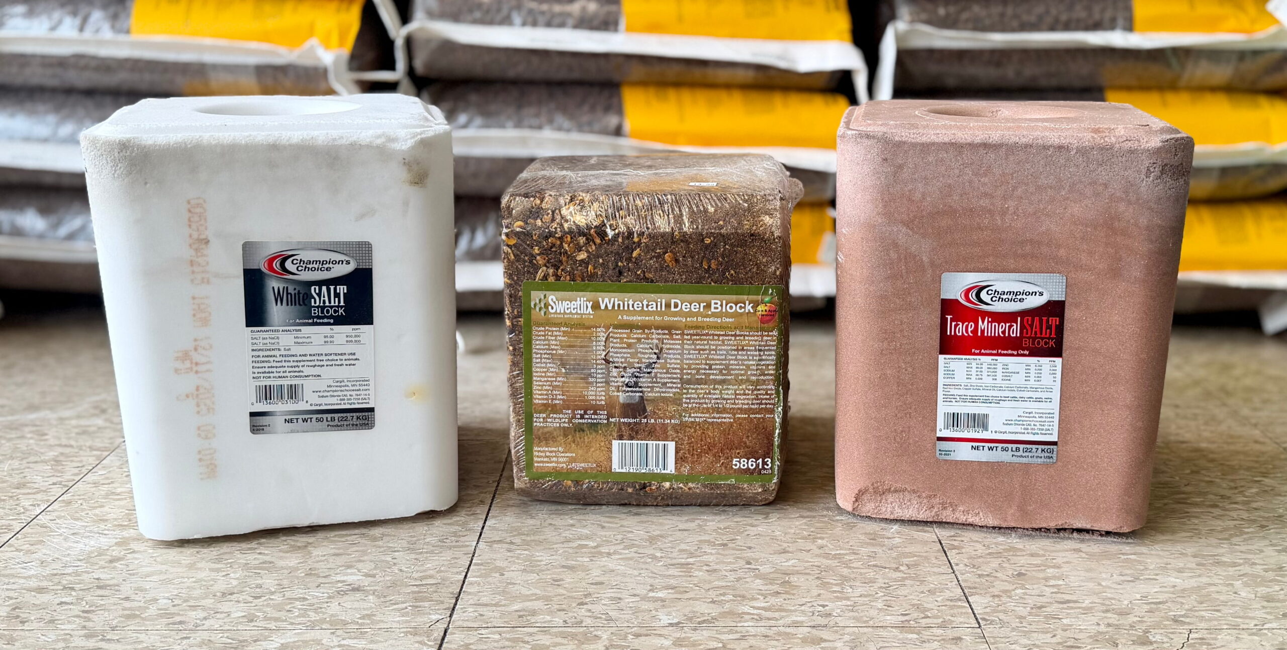 Salt mineral block, sweet corn block, mineral block