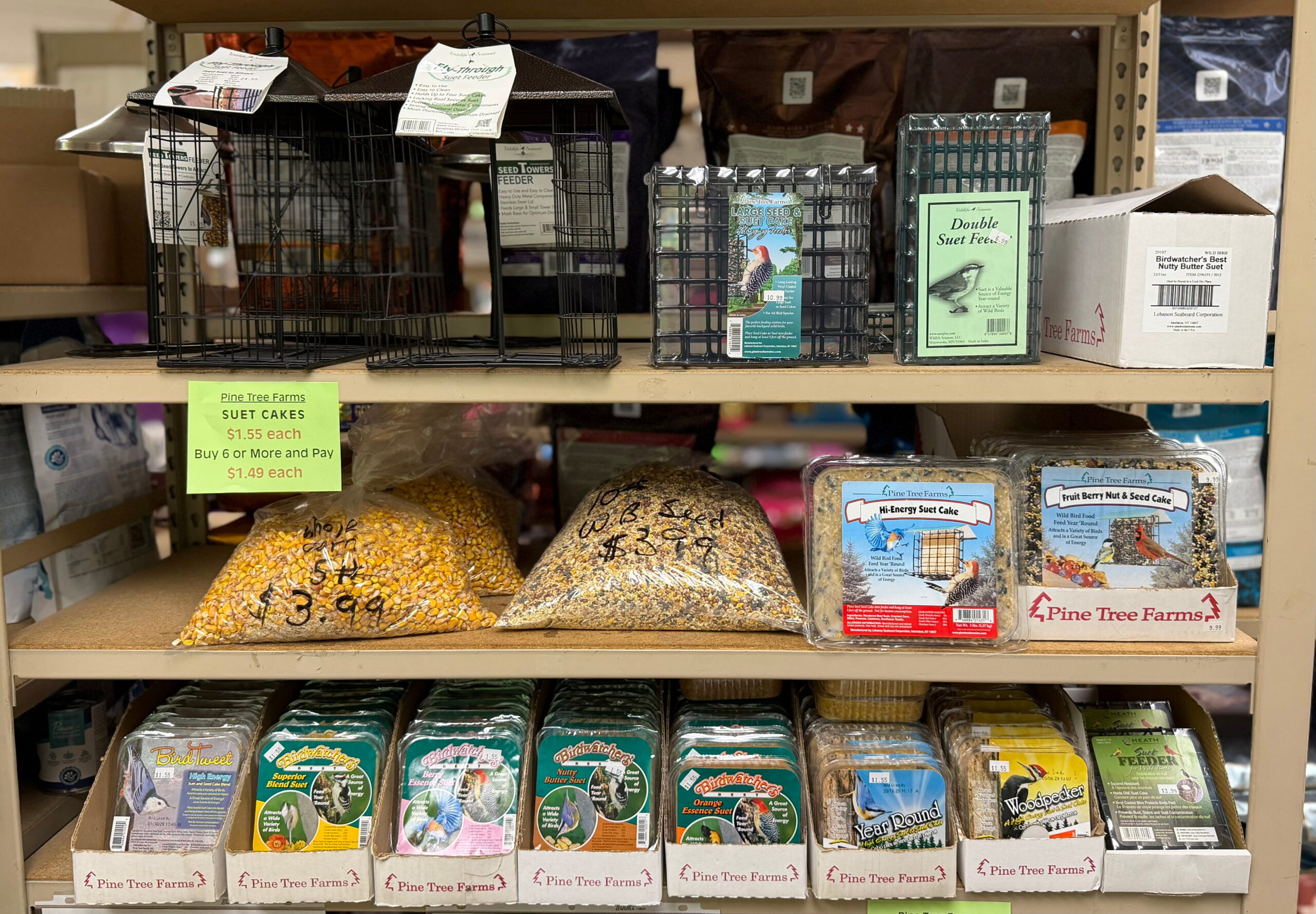 Suet feeders and suet on the shelf