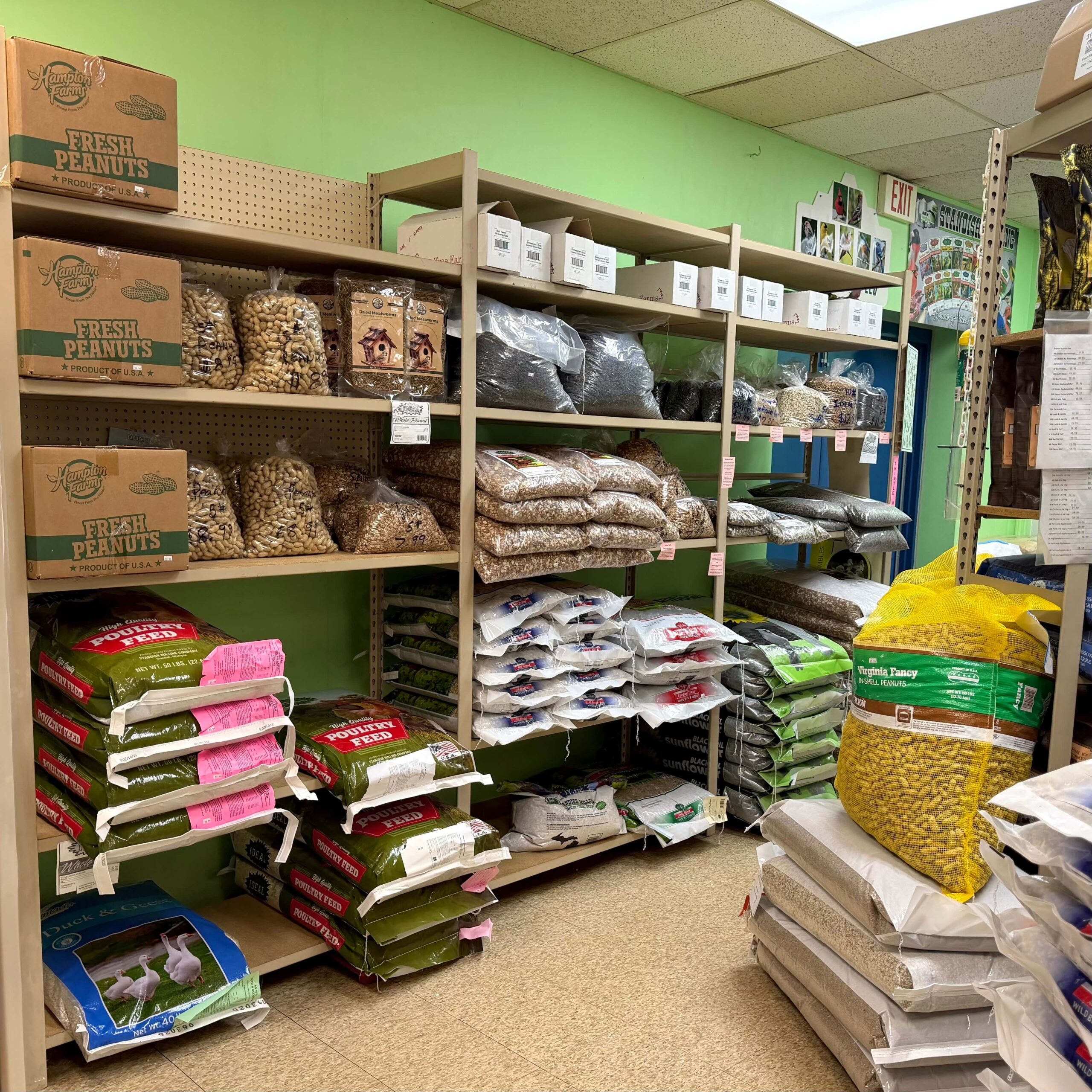 Birdseed aisle including whole feed for chickens, ducks, and more